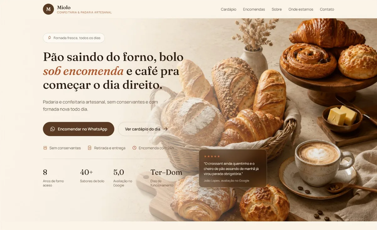 Demonstração de site para cafeteria e confeitaria artesanal