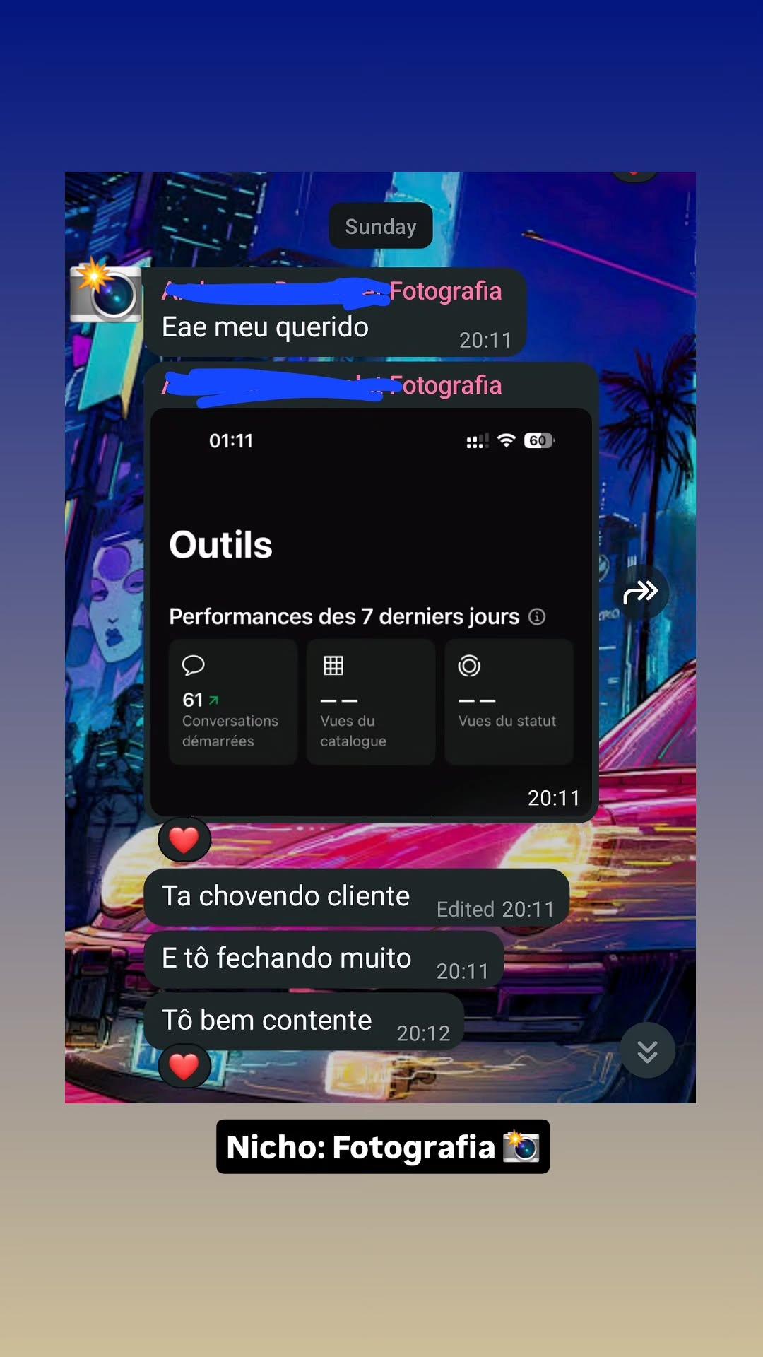 Mensagem de cliente do nicho de fotografia no WhatsApp dizendo que está chovendo cliente e fechando muito