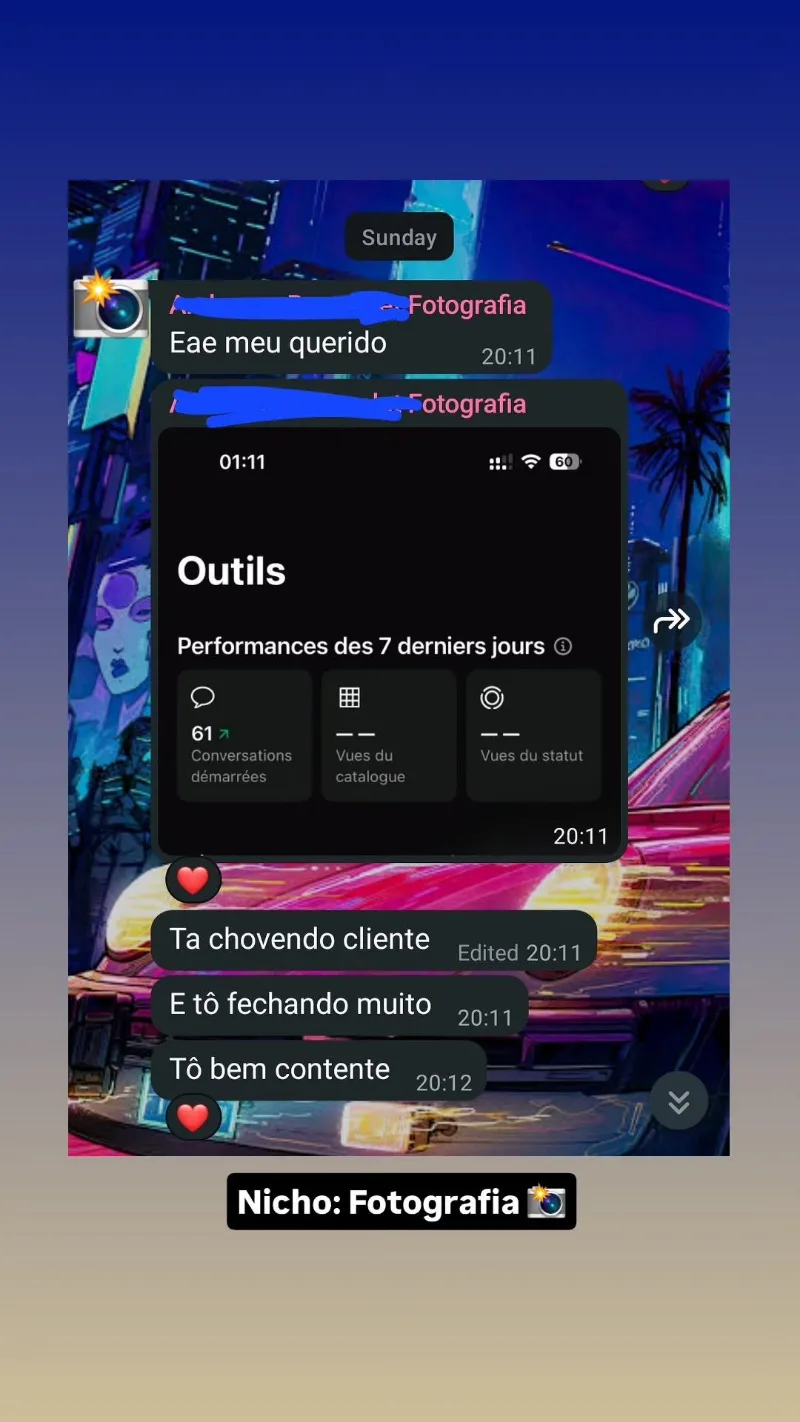 Mensagem de cliente do nicho de fotografia no WhatsApp dizendo que está chovendo cliente e fechando muito