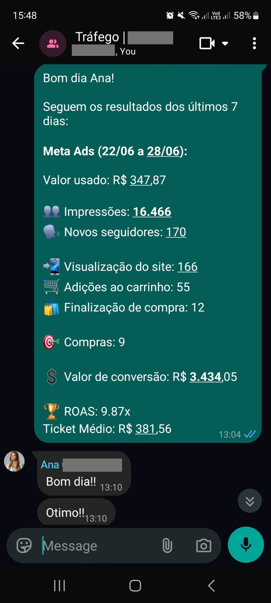 Mensagem de relatório semanal no WhatsApp com ROAS de 9.87x