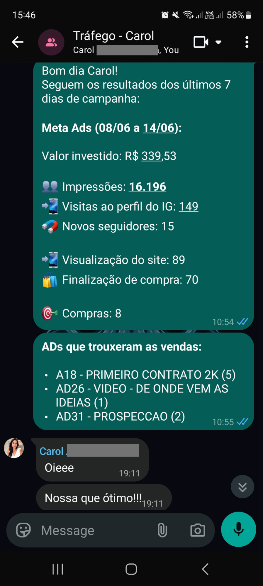 Relatório semanal de campanha no WhatsApp com 8 compras na semana