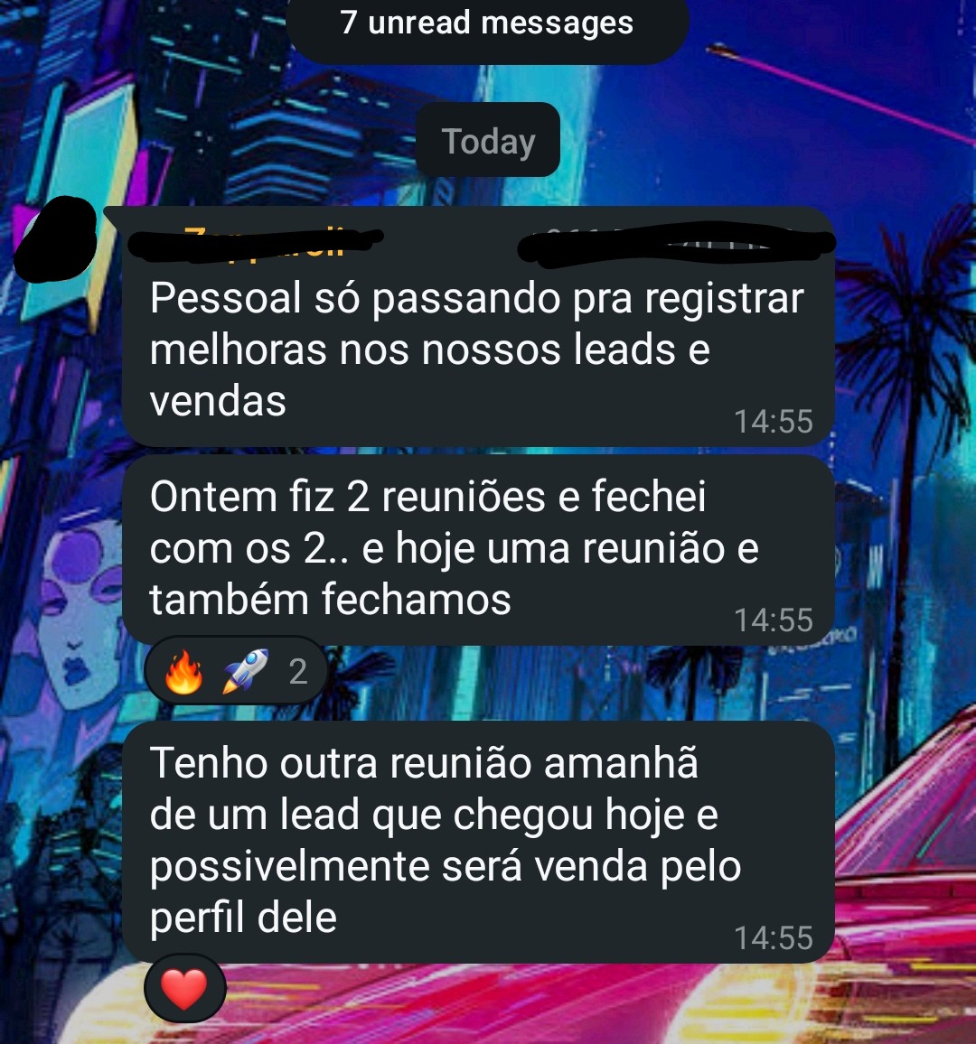 Mensagem de cliente no WhatsApp contando que fechou 2 reuniões na mesma semana
