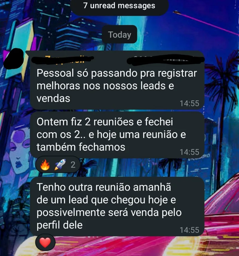Mensagem de cliente no WhatsApp contando que fechou 2 reuniões na mesma semana